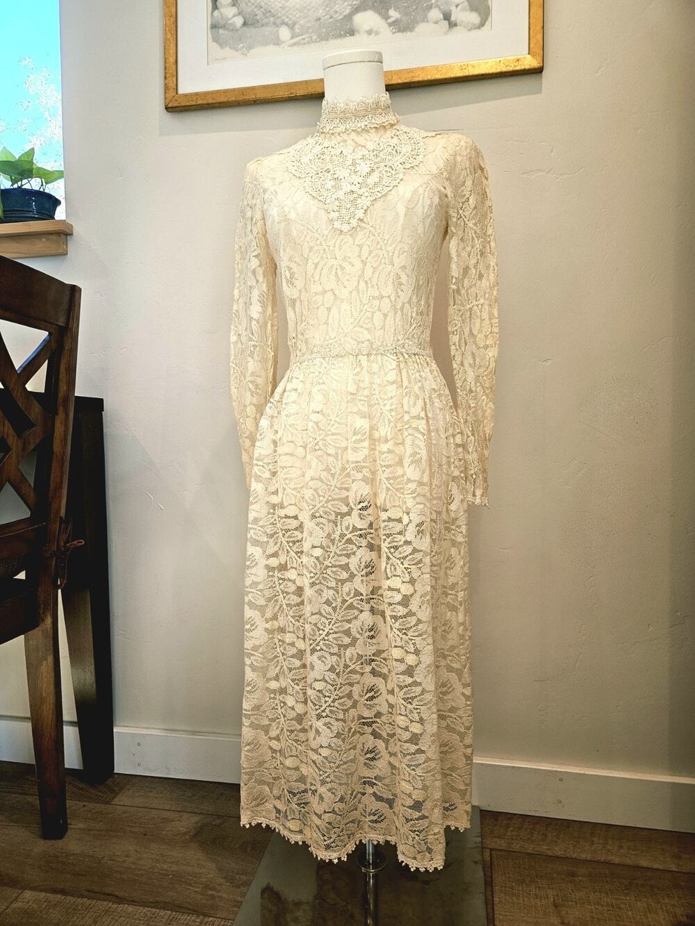 Vtg Jessica McClintock Lace Dress Womens XS Ivory Edwardian High Neck 1980s Boho